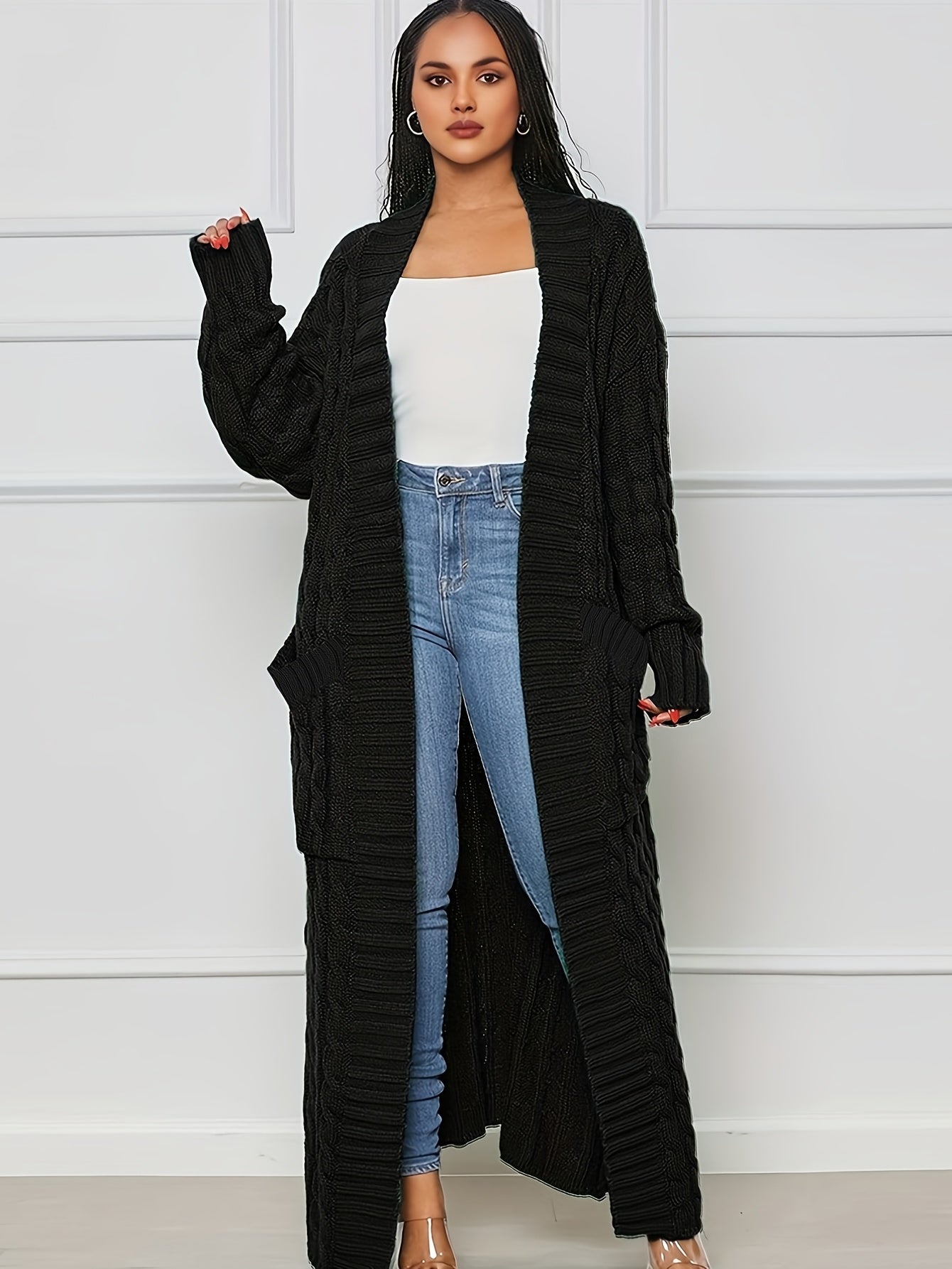 Long Length Cable Knit Cardigan, Elegant Solid Long Sleeve Sweater With Pockets, Women's Clothing