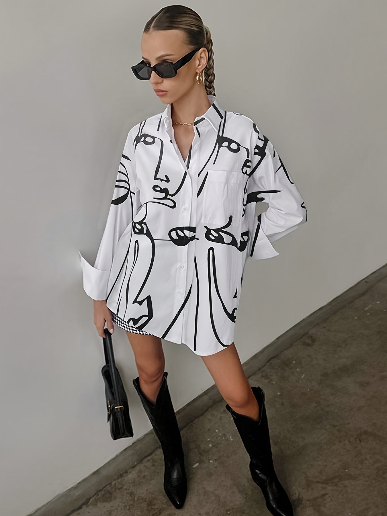 Women'S Elegant Long Sleeve Button-Up Shirt with Abstract Face Print, Lapel Collar, and Chest Pocket - Stylish All-Season Fashion Top for Spring and Autumn, Allseason Blouse|Modern Casual Style|Buttonup Design