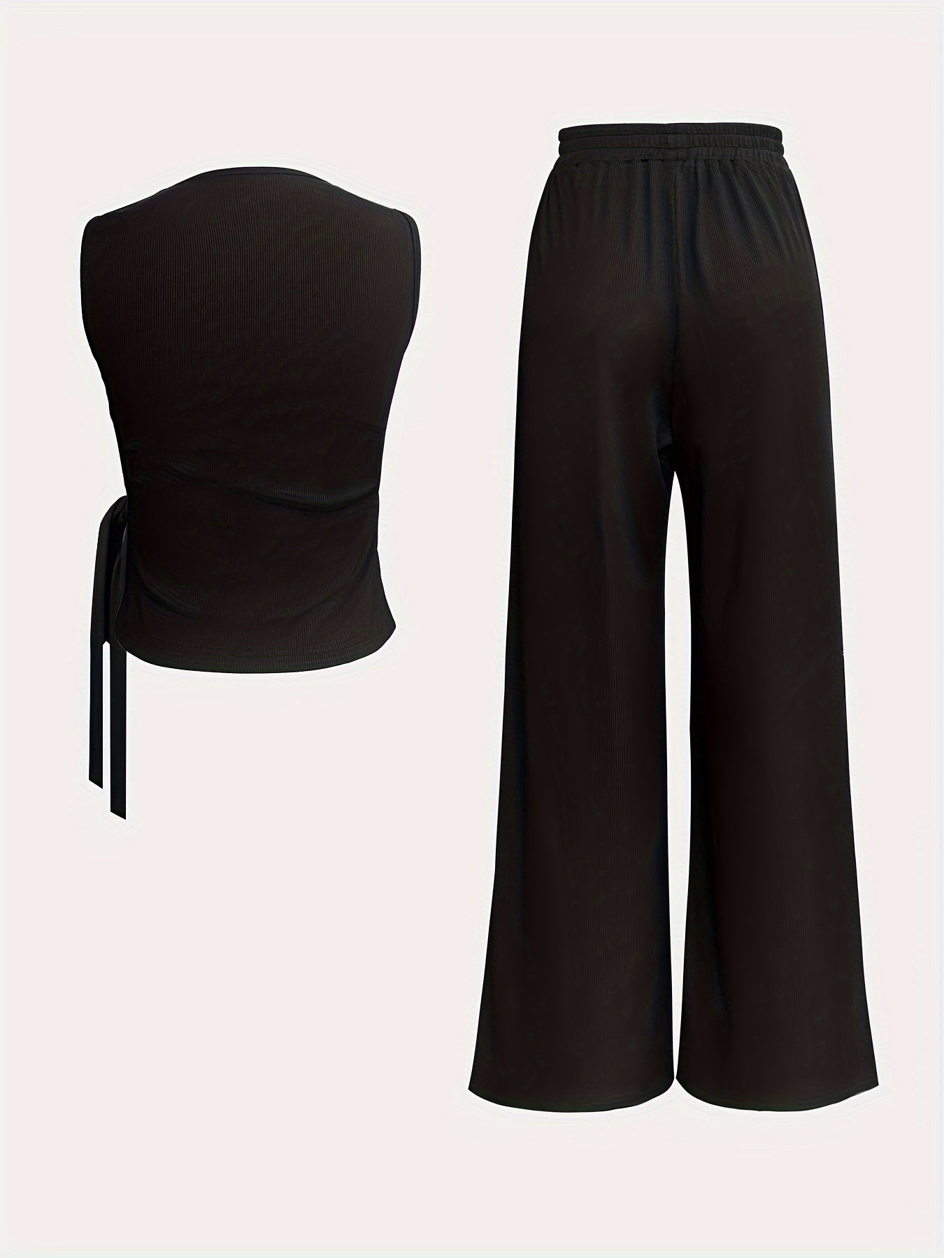 Elegant Women's Sleeveless Ribbed Top & Wide-Leg Pants Set – Bow Detail, Stretchy Knit Two-Piece Outfit for Spring/Summer