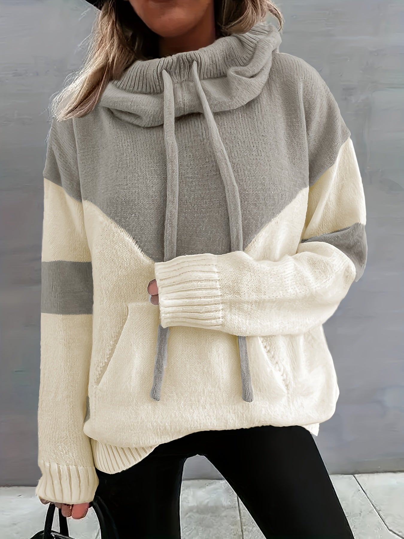 Color Block Drawstring Hooded Sweatshirt, Women's Long Sleeve Casual Pullover Sweater with Pocket