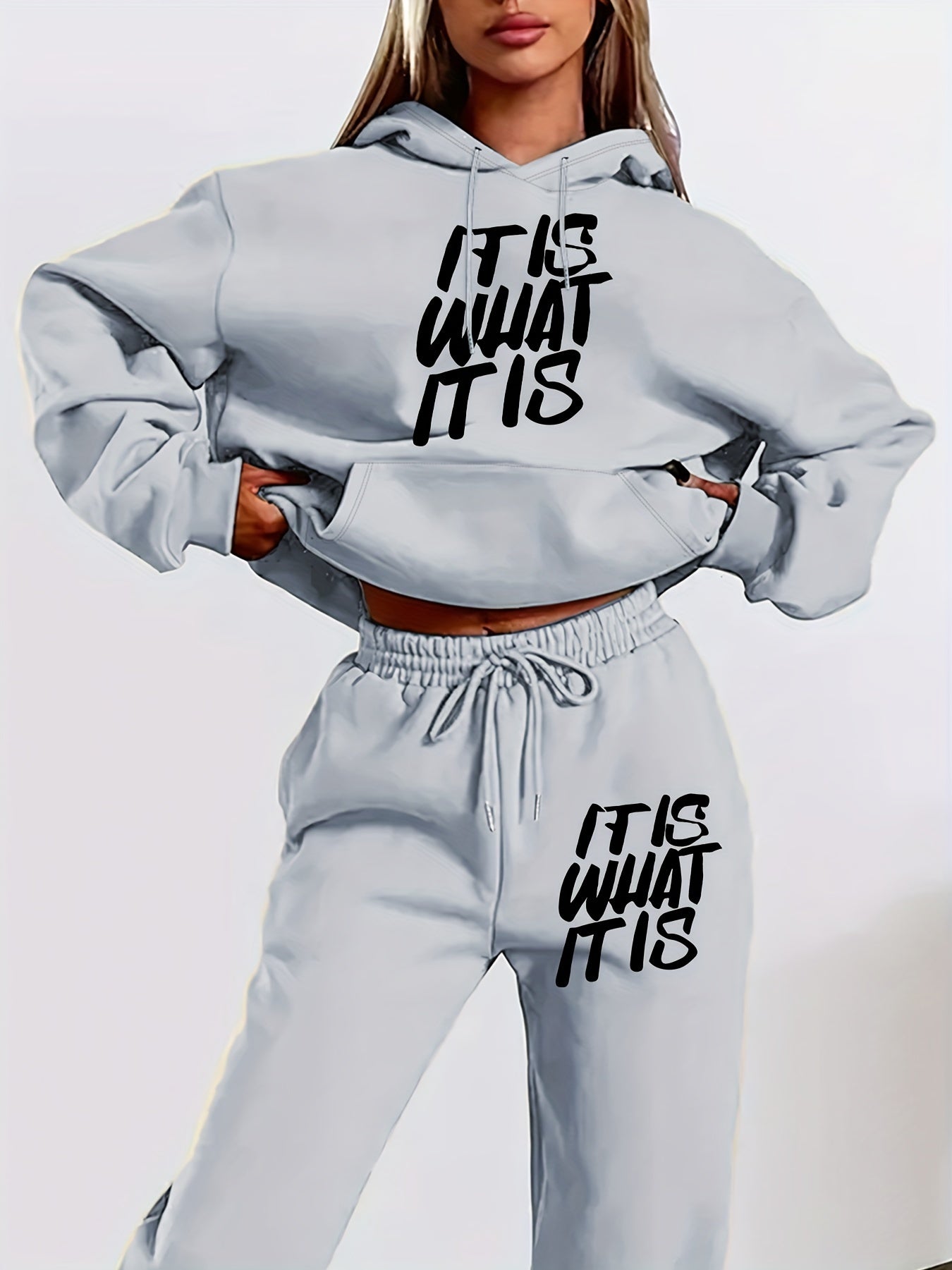[Geometric Print Hoodie Set] Long Sleeve Geometric Print Hoodie & Jogger Set - Polyester Blend, Machine Washable, Kangaroo Pocket - Women's Casual Fall/Winter