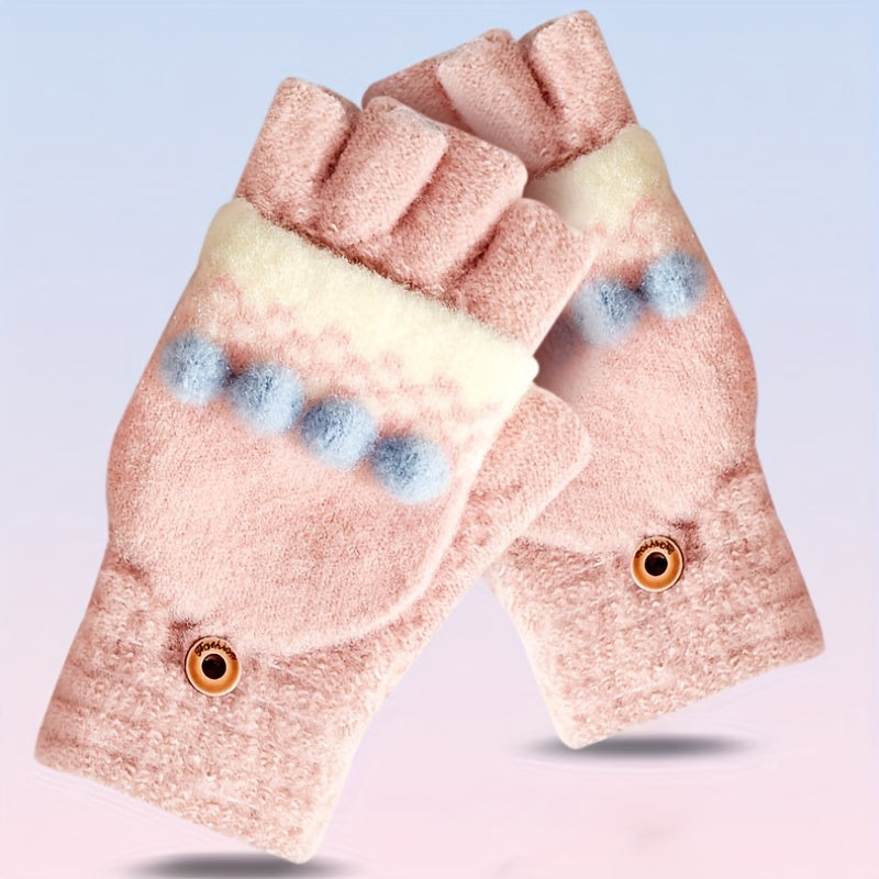 Cute Sweet Jacquard Convertible Mittens Short Thick Warm Half Finger Knit Gloves Autumn Winter Coldproof Windproof Touchscreen Gloves