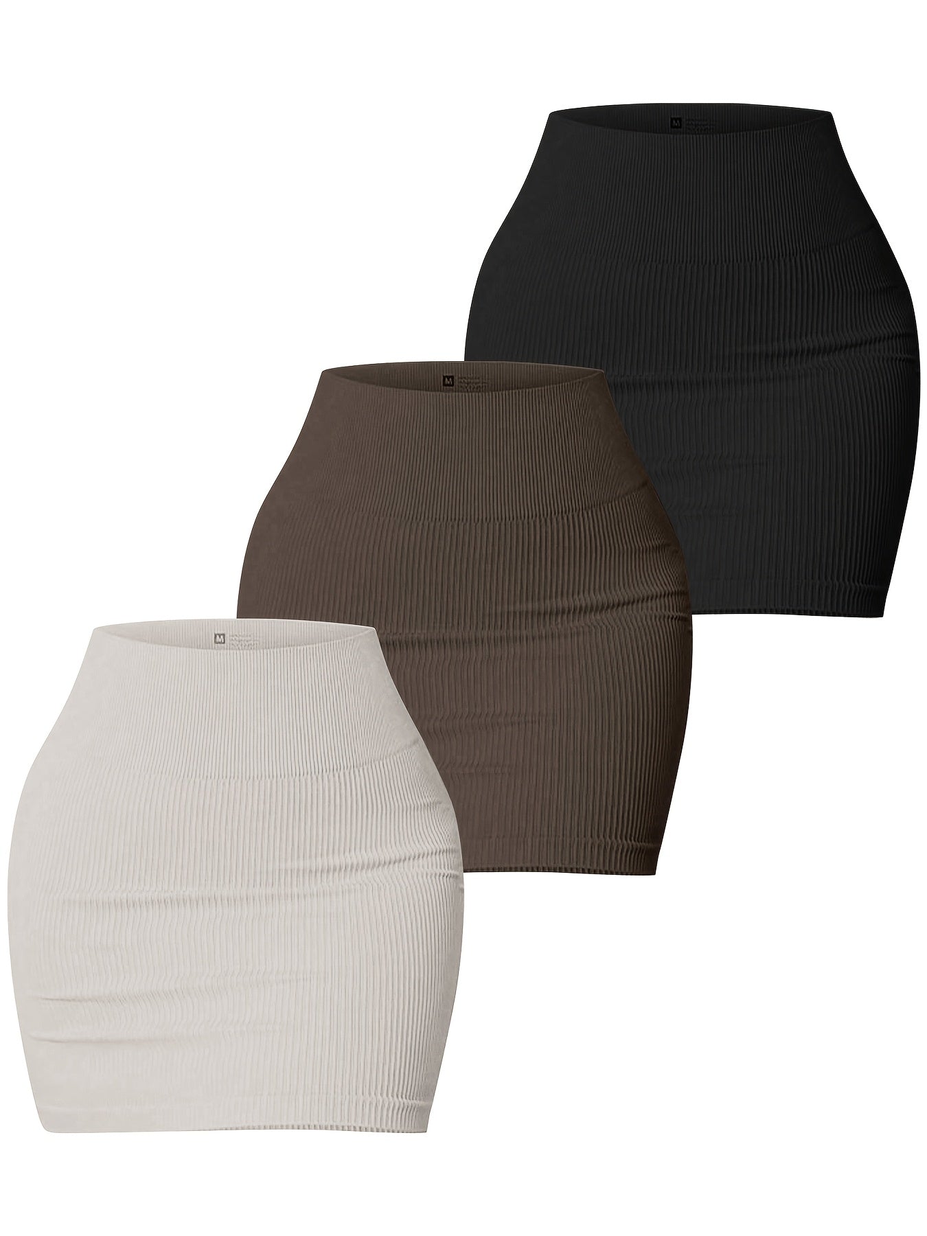 3pcs Women's Seamless High-Waisted Sports Skirts, Solid Color Knit Fabric, Rib-Knit Detail, Bodycon Fit, Stretchy Polyamide 90% Elastane 10%, All-Season Casual Wear