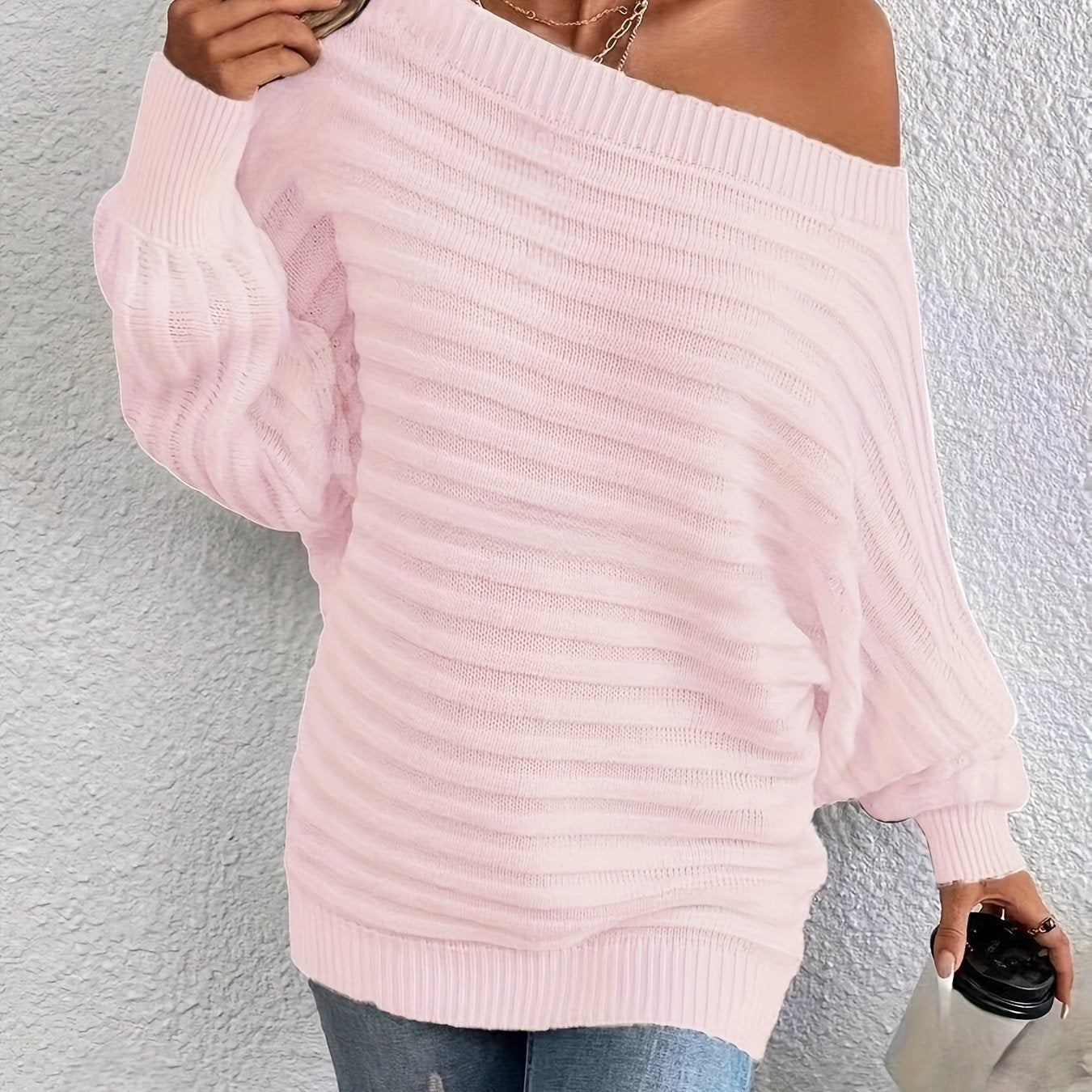 Elegant Off-Shoulder Knit Sweater for Women - Chic Solid Color, Cozy Acrylic Pullover with Lantern Sleeves, Casual & Stylish, Perfect for Fall/Winter - Hand Washable
