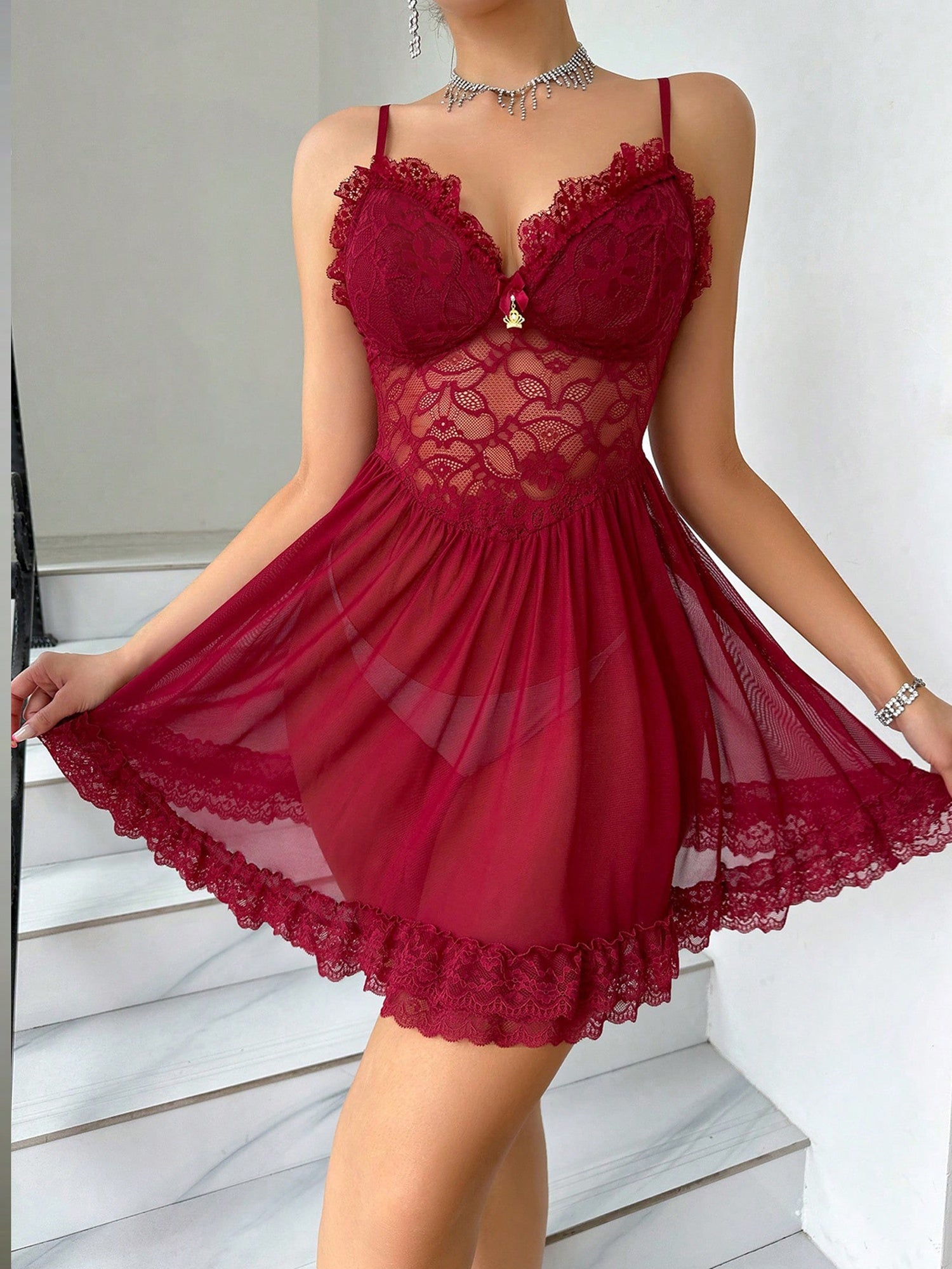 Women Spaghetti Strap Lace Nightgown Sweetheart Neck Sheer Mesh Sleeveless Flowy Lingerie Sleepwear Dress