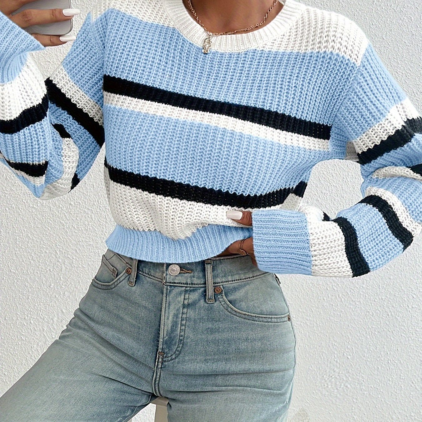 Casual Colorblock Knitted Crew Neck Sweater - Drop Shoulder Long Sleeve - Women's Clothing