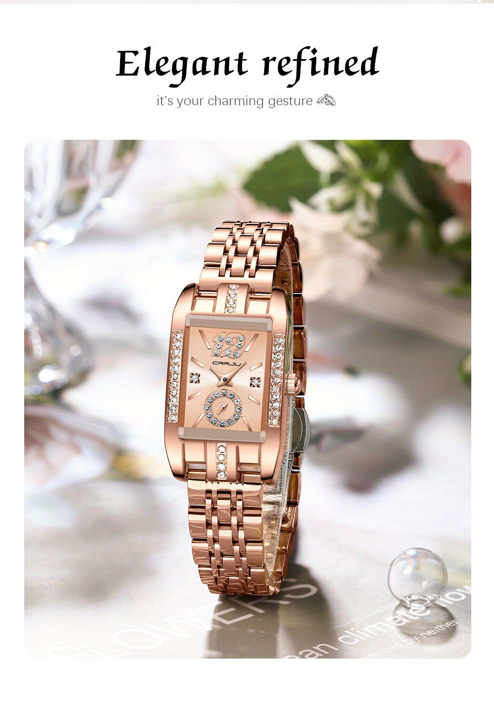 Stainless Steel Women's Luxury Watch, Elegant Rectangle Pointer Analog Quartz Rhinestone WR Wrist Watch
