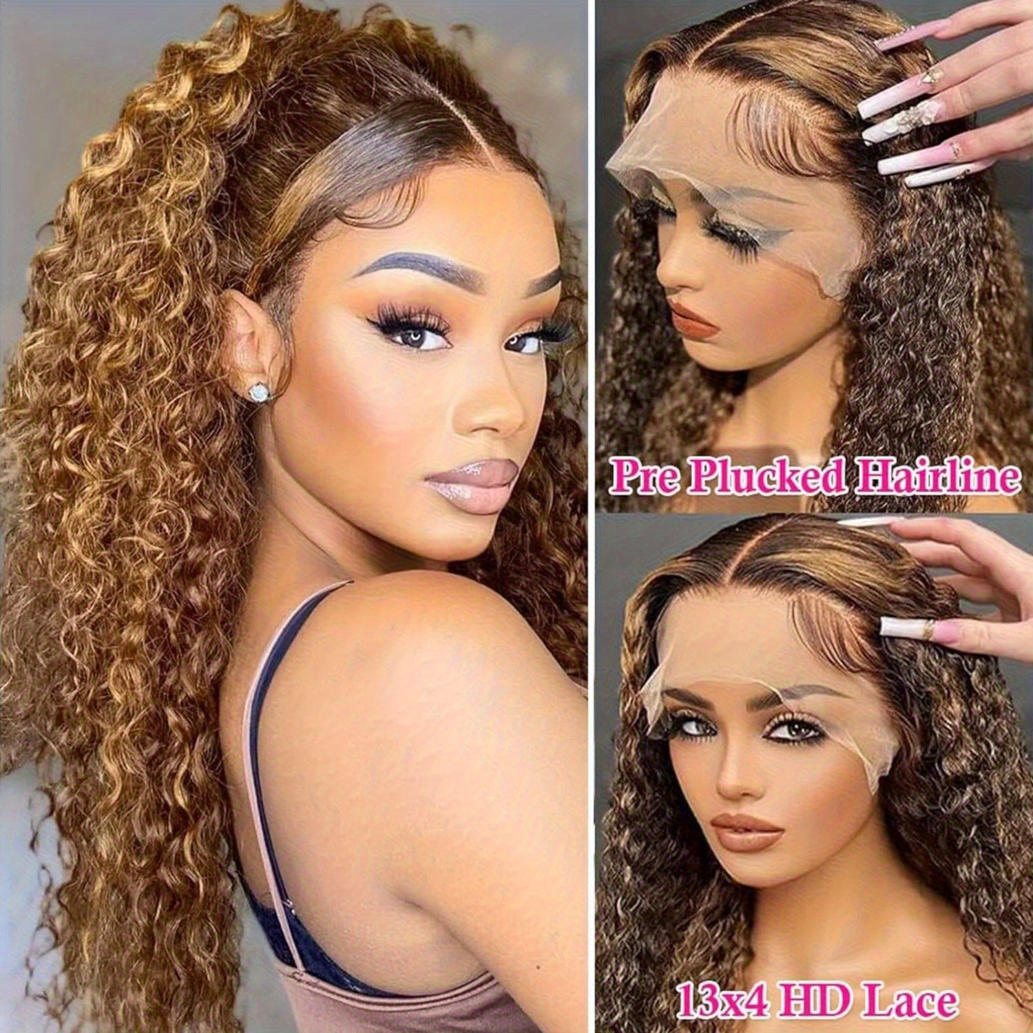 Honey Blonde Deep Wave Lace Front Wigs Human Hair 13x4 Highlight Ombre Curly Lace Front Wig Human Hair 250% Density HD Transparent Glueless Lace Frontal Wigs Pre Plucked With Baby Hair