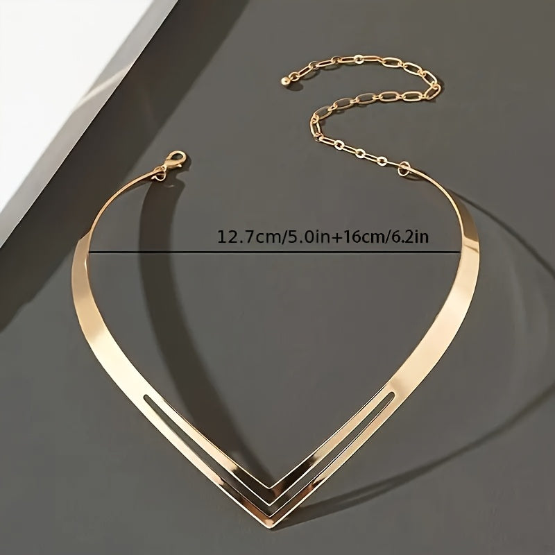 Elegant Double V-Shaped Clavicle Chain Necklace for Women - Minimalist Hollow Design, Alloy Material, Perfect for Parties and Casual Attire