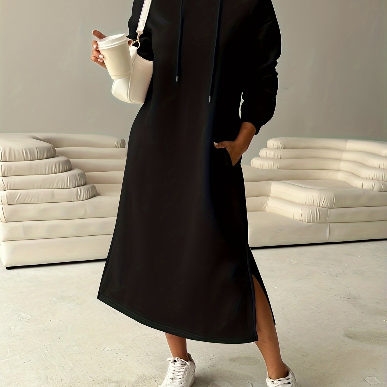Cozy Letter Print Drawstring Hooded Sweatshirt Dress - Women's Casual Long Sleeve Loose Fit Clothing for Fall & Winter, Soft and Warm Fleece Lined Dress with Adjustable Drawstring Waist