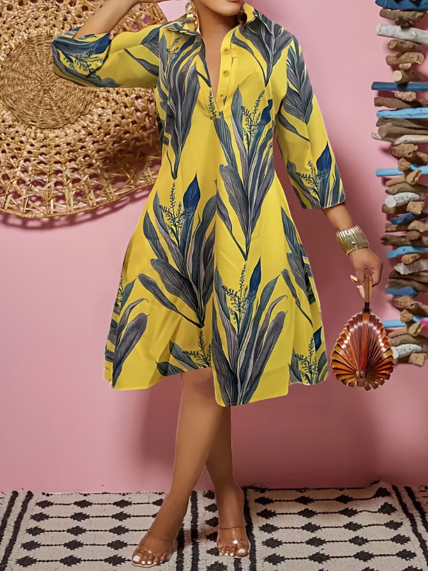 Floral Button-Down Midi Dress with Long Sleeves, Women's Casual Dress