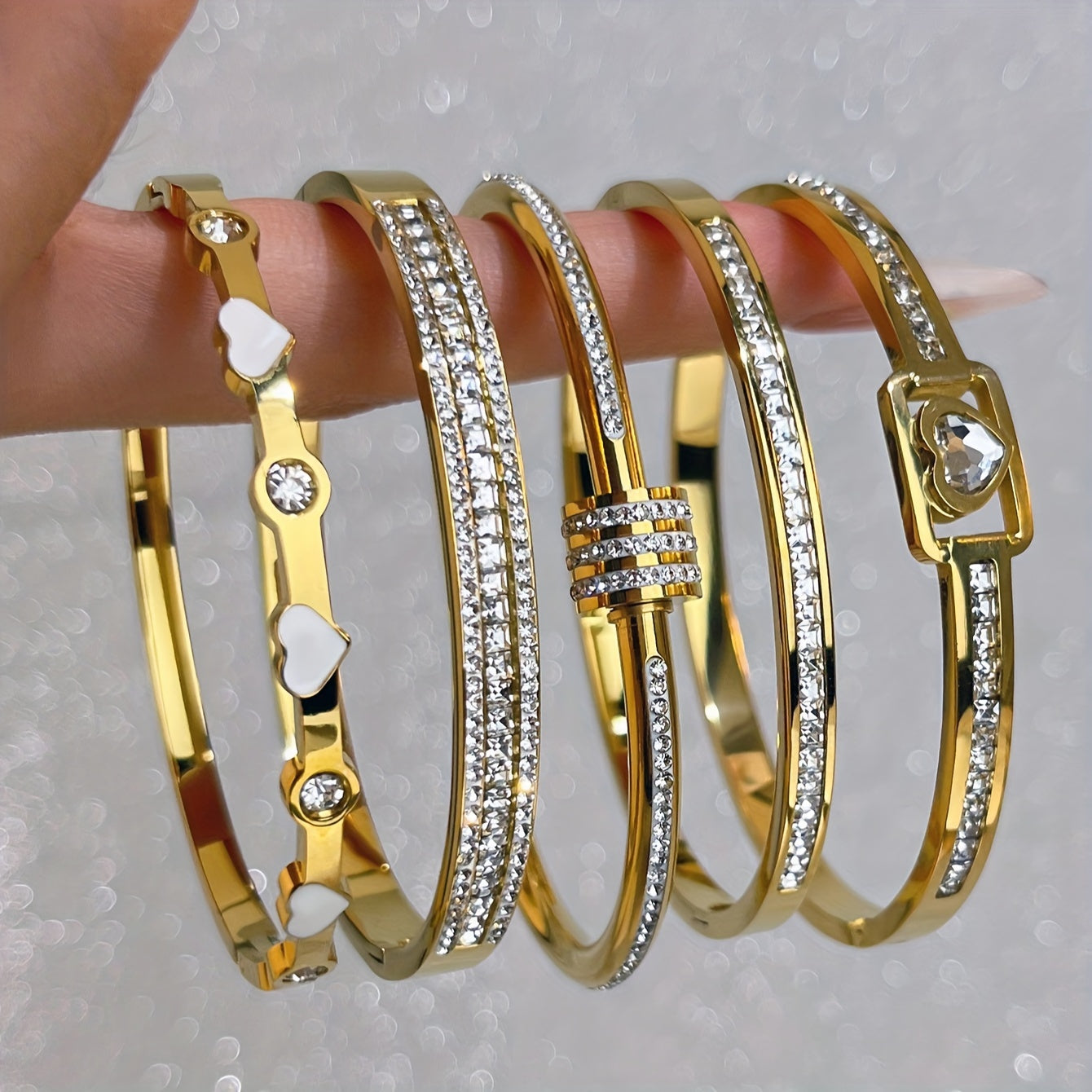 5pcs Elegant Golden-Toned Stainless Steel Bracelet Set with Heart Charms & Sparkling Rhinestones - Ideal Gift for Her, All-Season Wear, Delicate, Single Row Diamond, Triple Layer Diamond