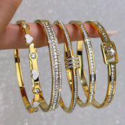 5pcs Elegant Golden-Toned Stainless Steel Bracelet Set with Heart Charms & Sparkling Rhinestones - Ideal Gift for Her, All-Season Wear, Delicate, Single Row Diamond, Triple Layer Diamond