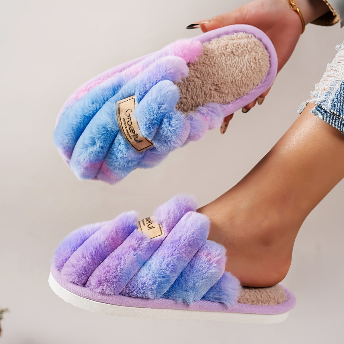 Women'S Minimalist Stylish Indoor Cozy Warm Soft-Bottom Silent Fluffy Slippers