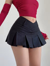 Stylish Black Pleated Mini Skirt for Women - High-Waisted, V-Leg Design, Polyester, Machine Washable, Perfect for Casual or Commuter Wear