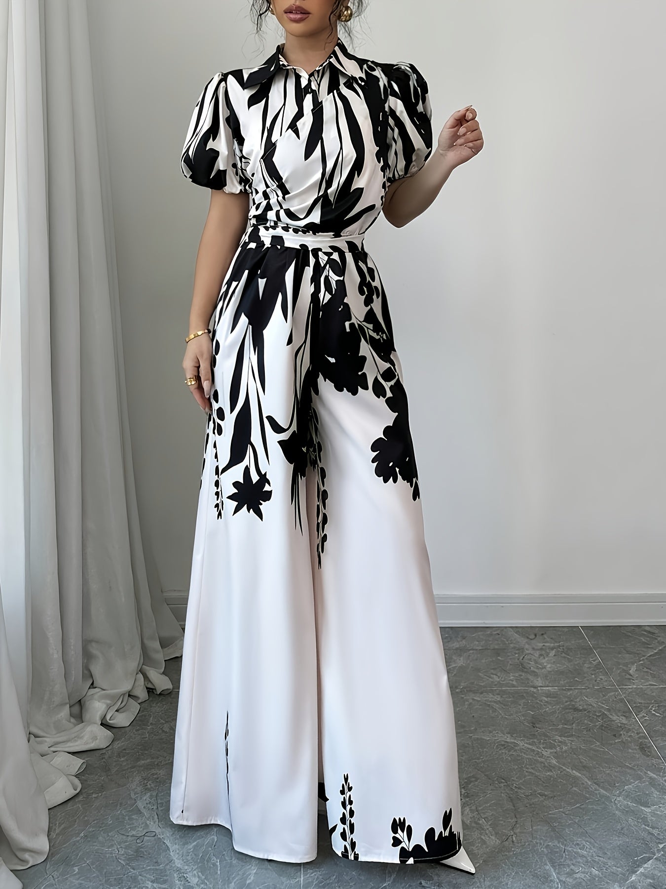 Elegant Floral Print Short Sleeve Long Palazzo Culottes with Belt for Adult, Going Out, Spring/Summe