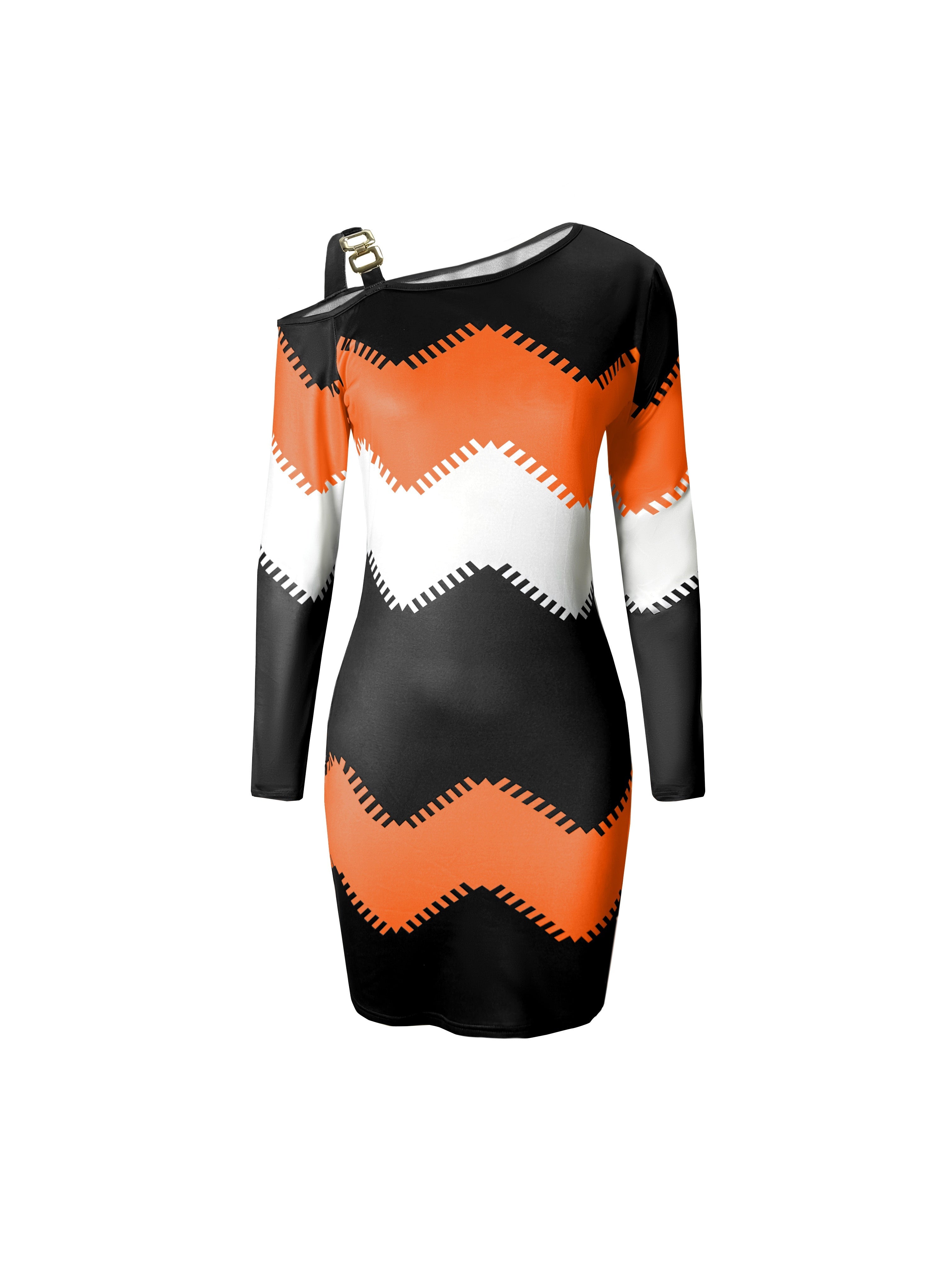 Print Off-Shoulder Color Block Dress for Women - Chic Long Sleeve, Zigzag Pattern, Stretchy Polyester Blend with Chain Detail, Machine Washable - Perfect for Spring & Fall