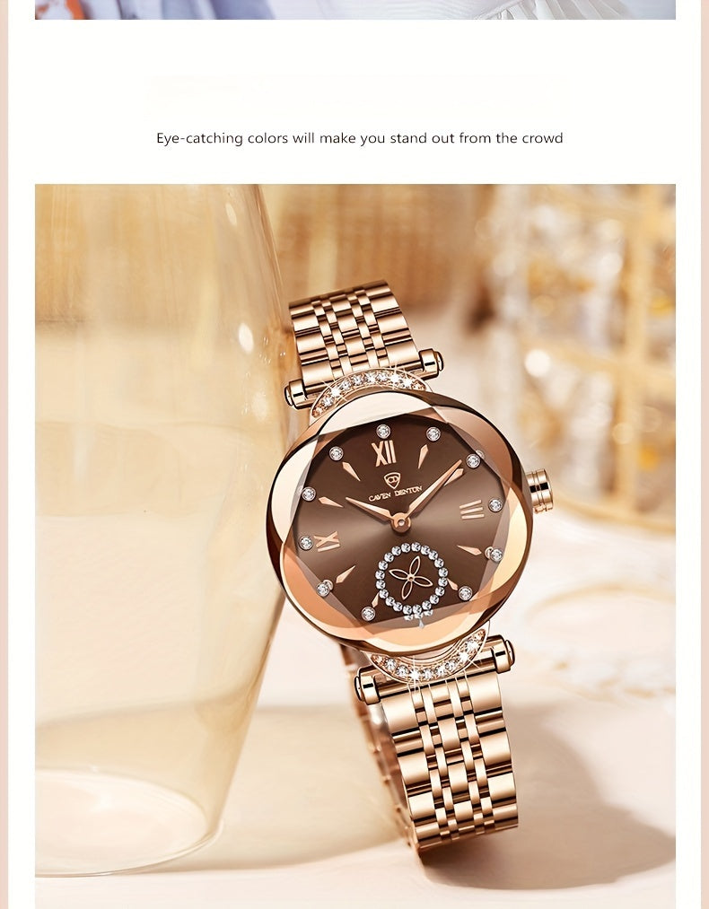 Elegant Women's Quartz Watch with Rhinestone Accents - Rose Golden Case & Stainless Steel Band, Roman Numerals, Independent Second Hand - Ideal for Business or Formal Wear - Perfect Mother's Day, Christmas, or Back-to-School