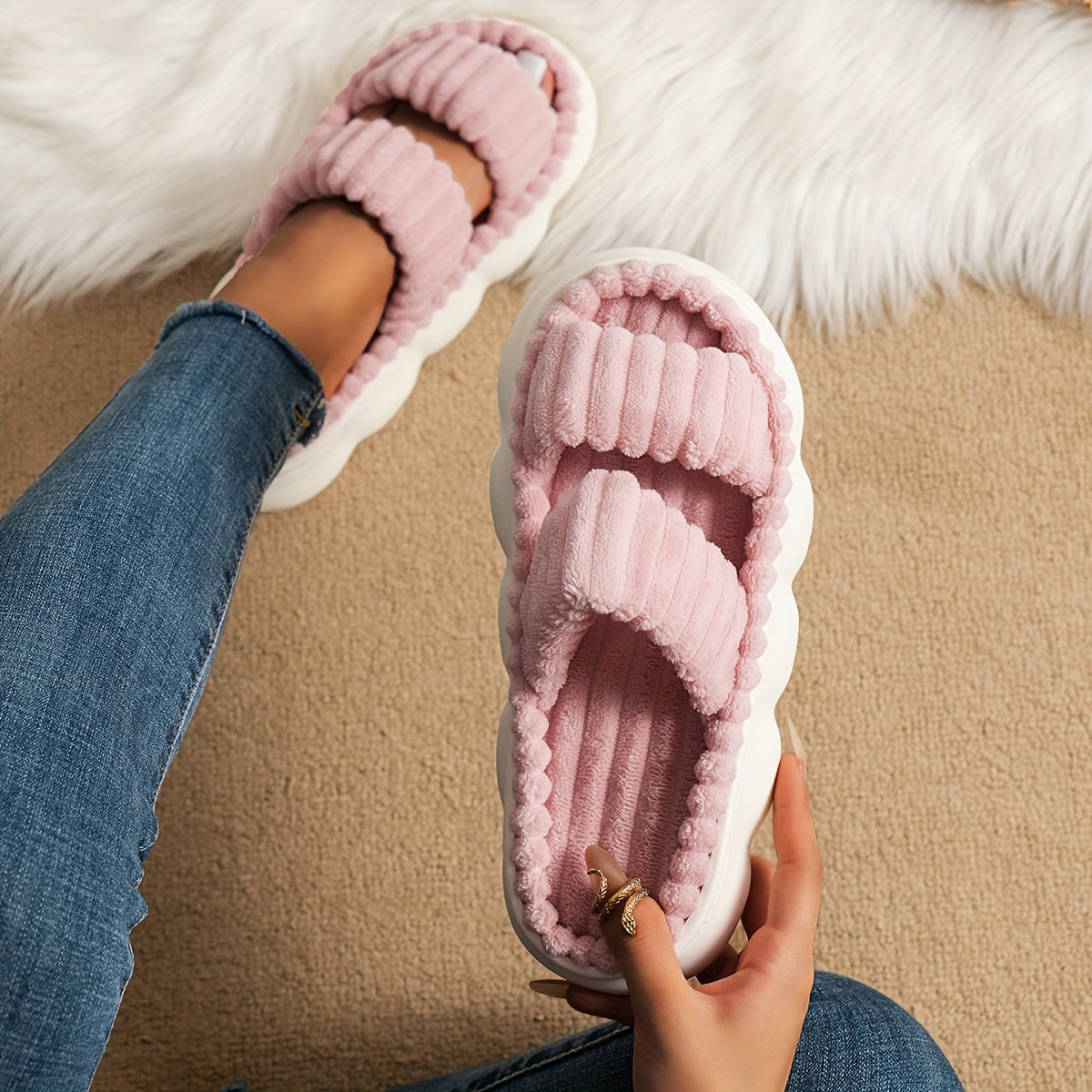 Two Bands Women's Plush Open Toe Platform Slippers, Soft Sole Fuzzy Comfortable Indoor Floor Shoes