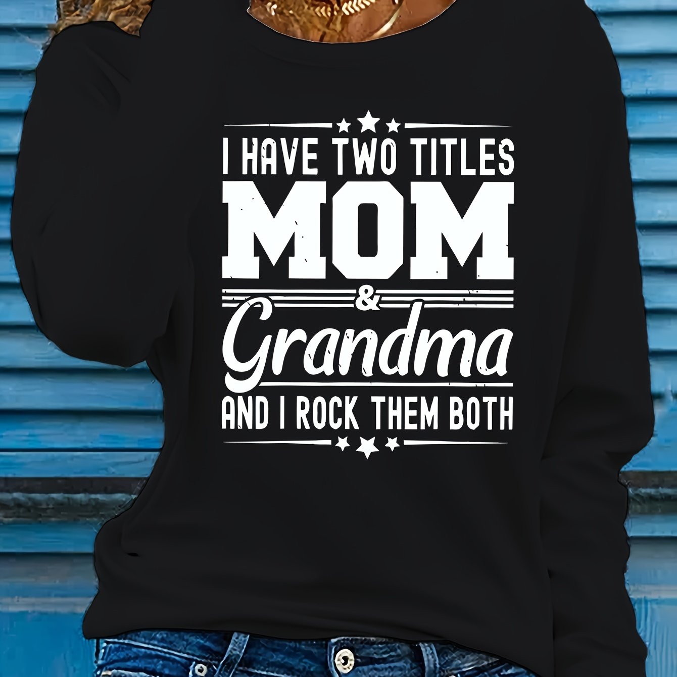 Women'S Long Sleeve Crew Neck T-Shirt with "Mom & Grandma" Letter Print, Casual Polyester Top for All Seasons, Knit Fabric with Medium Stretch, Regular Fit - Applique Detail