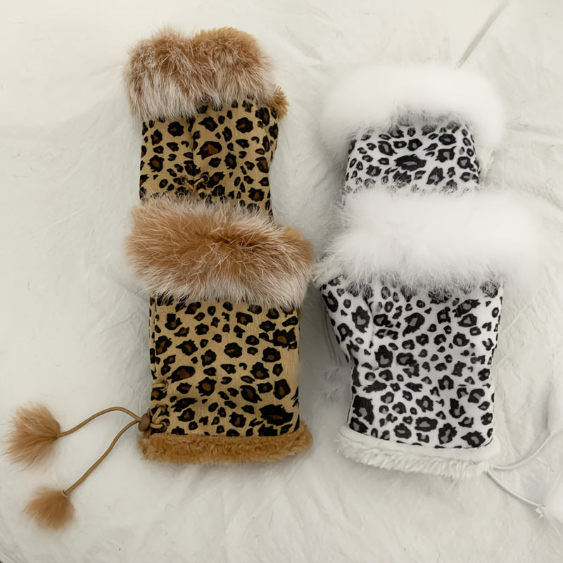 1 Pair of Plush Leopard Print Fingerless Mittens for Women - Cozy & Warm Knit Gloves with Adjustable Lace-Up Wrist, Vintage Harajuku Style, Machine Washable for Autumn/Winter Elegance