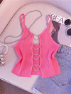 Women's Sexy Sleeveless Ribbed Knit Crop Top with Heart Cutouts & Rhinestone Accents - Vibrant Pink 100% Polyester Summer Casual Top for Spring/Summer Outfits, Ladies Tops And Blouses for Summer