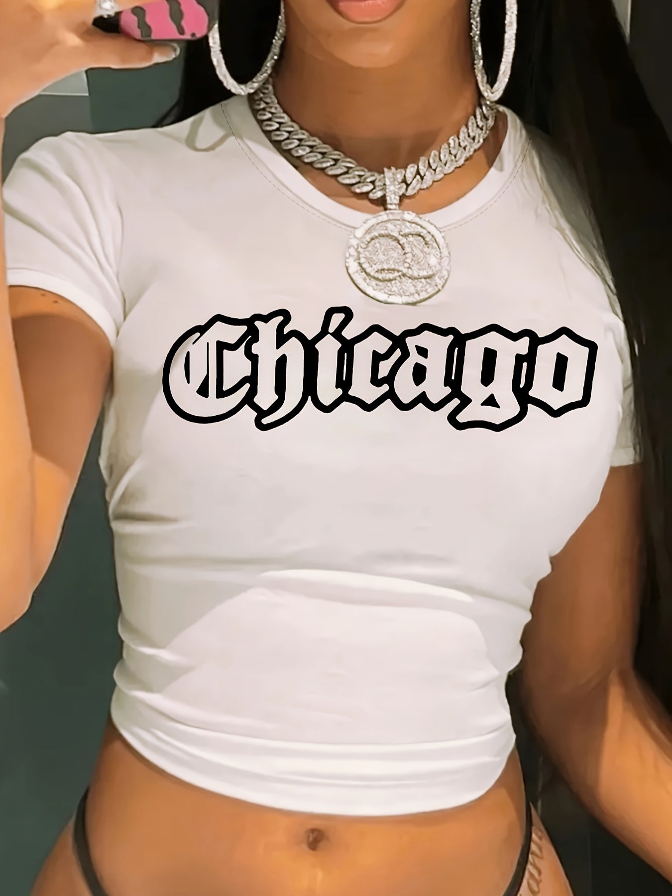 1pc Women'S Y2K Chicago Letter Print T-Shirt - Casual Crew Neck, Short Sleeve, Breathable Polyester Knit Fabric, All-Season Wear