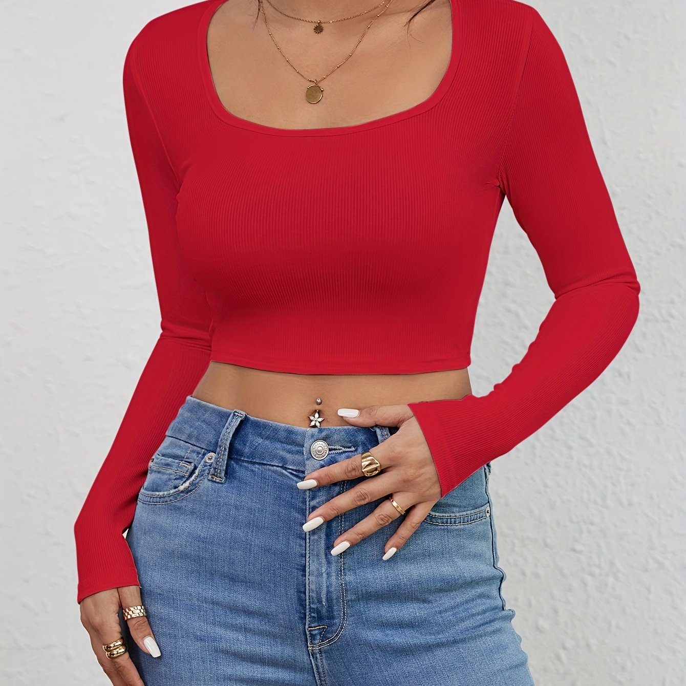 Squared Neck Cropped T-shirt, Casual Long Sleeve Solid T-shirt, Women's Clothing