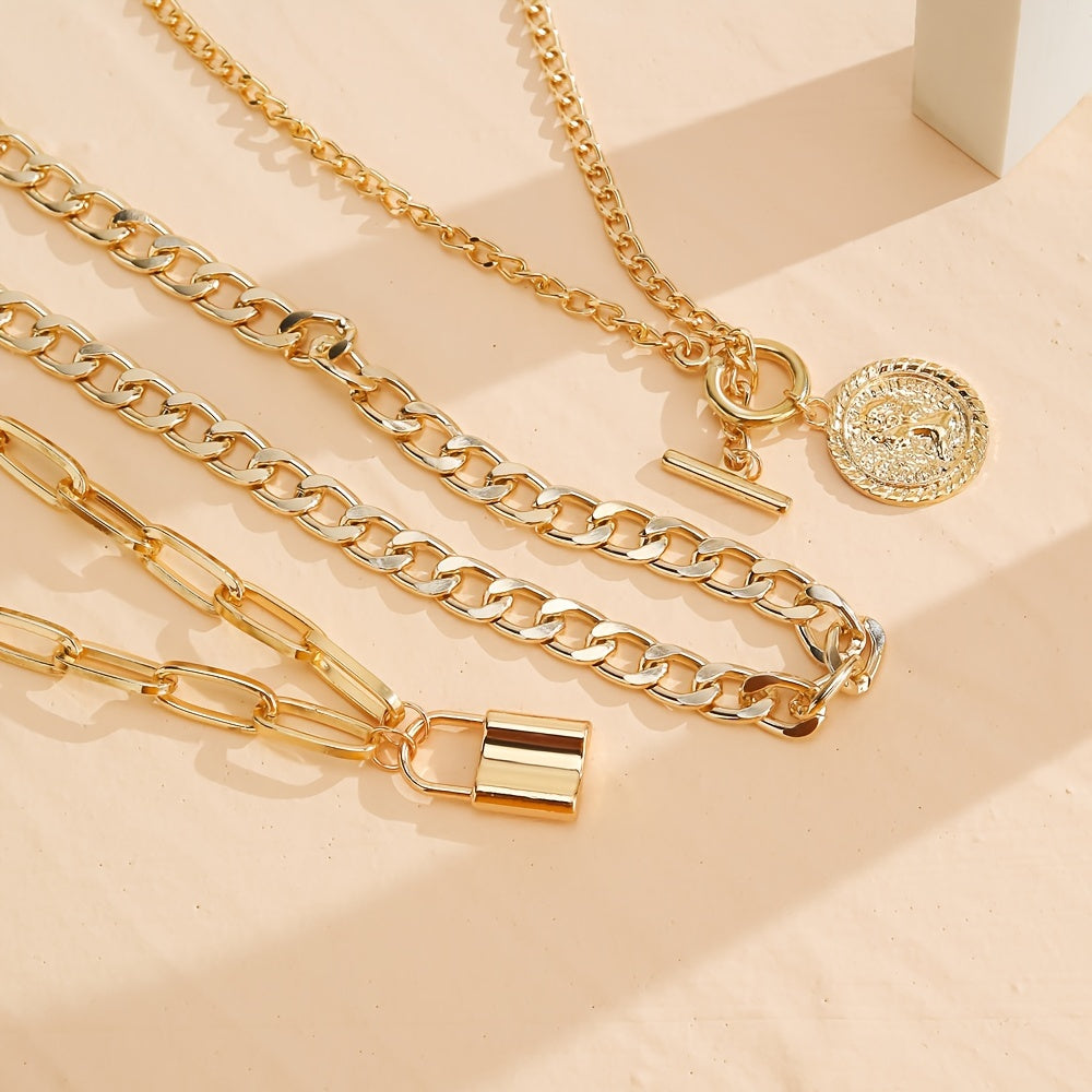 3pcs Vintage Golden Coin Pendant Necklace Set, Simple Alloy Cuban Chain, Women'S Fashion Jewelry for Banquet and Music Festival, Versatile Layering Accessory - All Seasons Compatible