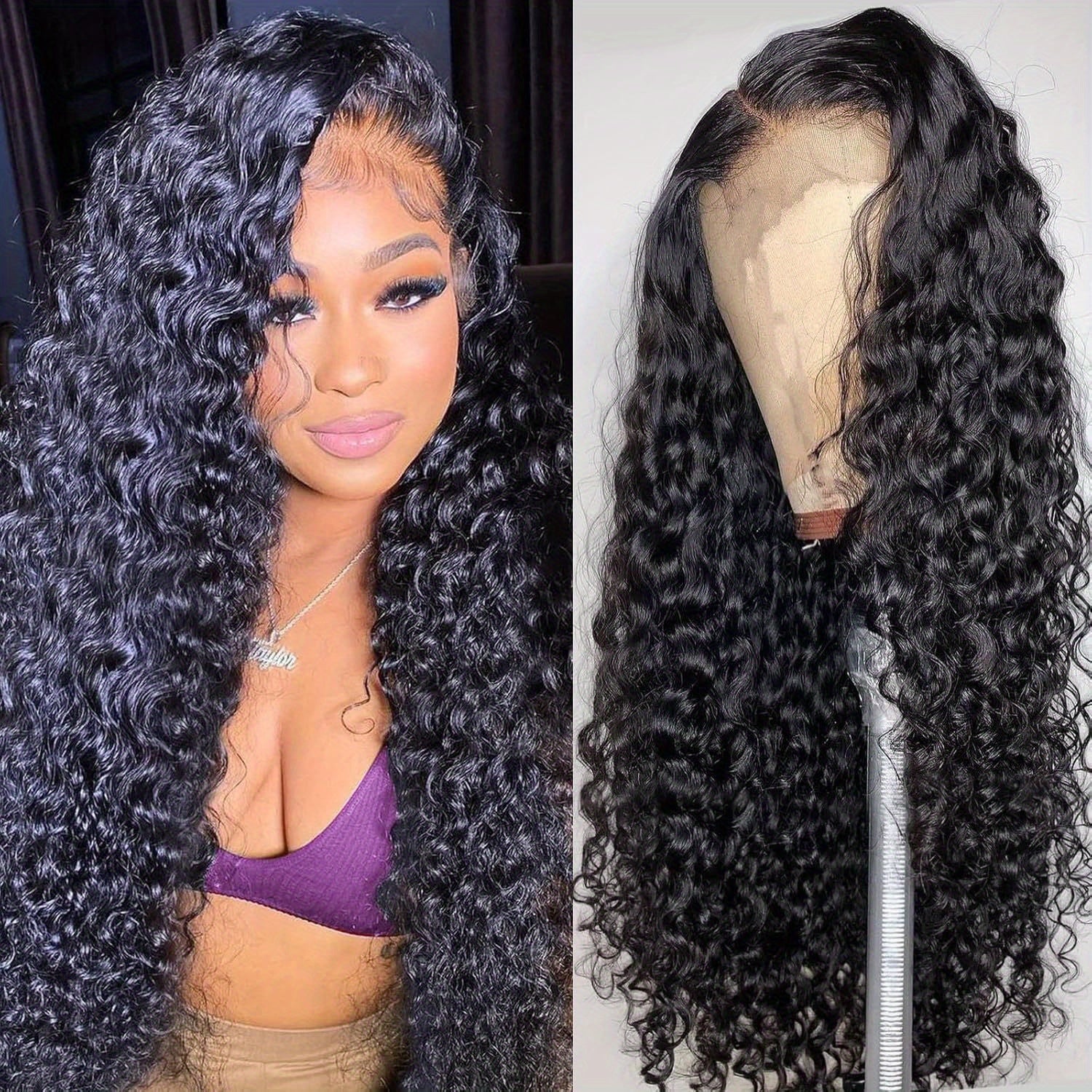 Deep Wave Lace Front Wigs Human Hair 180% Density 4X4 Transparent Lace Closure Wigs for Women Wet and Wavy Lace Frontal Wigs Glueless Wigs Pre Plucked with Baby Hair Natural Color (18 Inch)