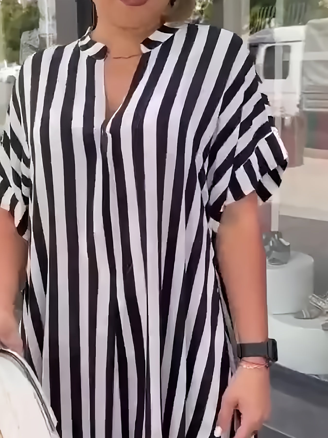 Women'S Plus Size Black & White Striped Shirt Dress - Casual V-Neck, Short Sleeve, Mid-Length with Chest Pocket, Loose Fit for Spring/Summer/Fall, Casual Attire|Vneck Dress|Nonpadded Dres