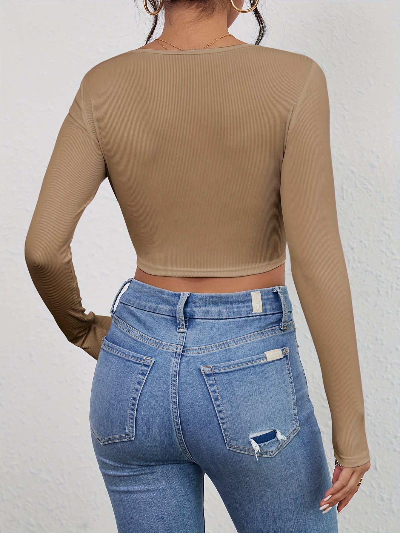 Squared Neck Cropped T-shirt, Casual Long Sleeve Solid T-shirt, Women's Clothing
