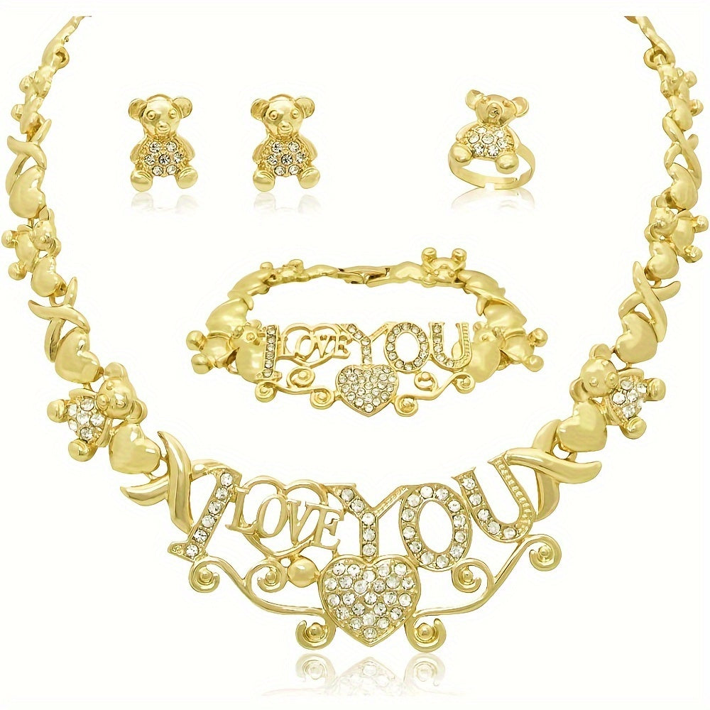 Women Jewelry Necklace Set 18K Gold Plated Bride Bridesmaid Fashion Rhinestone Wedding Jewelry Necklace Earrings Bracelet Ring 4 Pieces Set