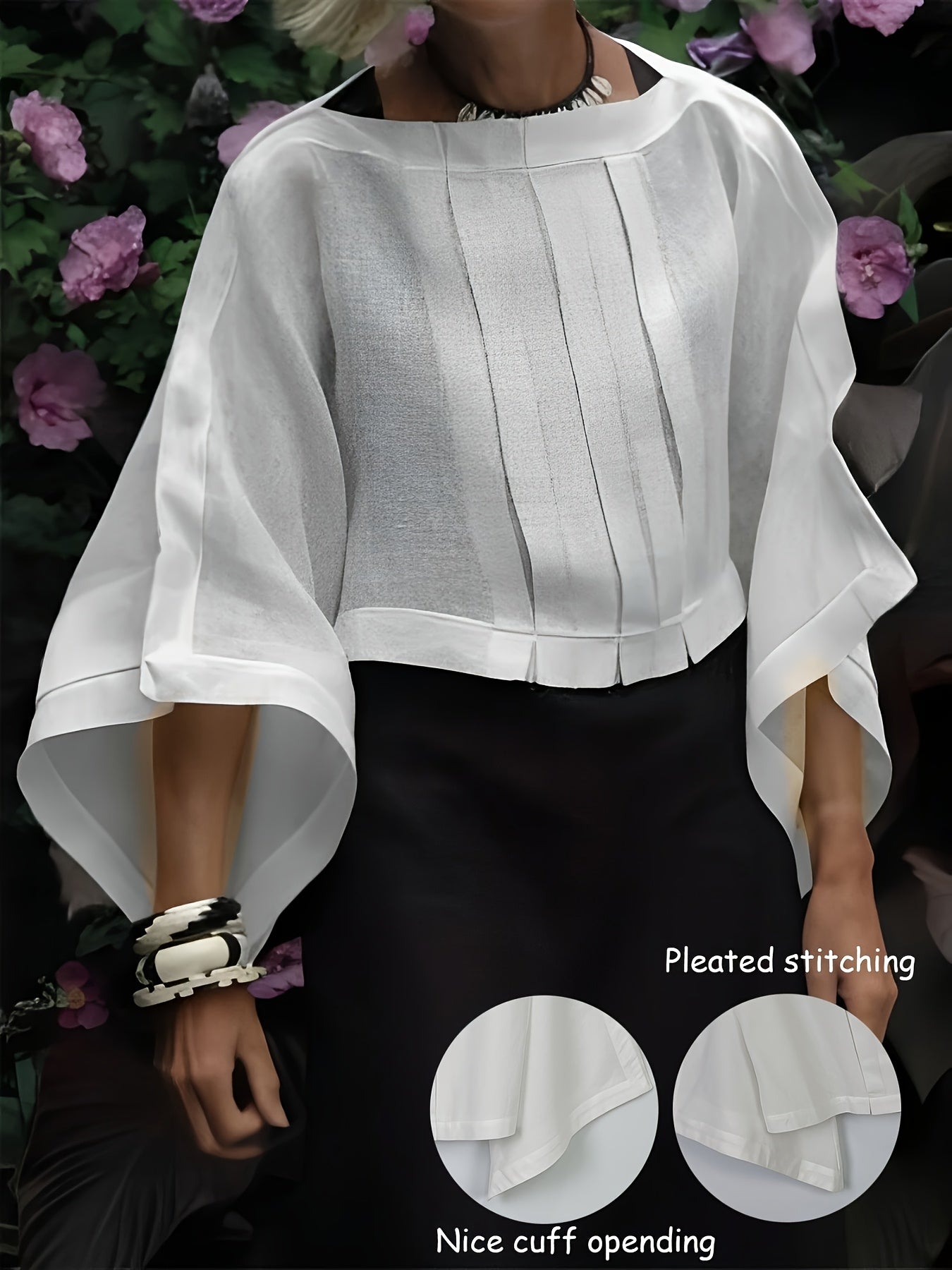 Elegant Polyester Blend 3/4 Sleeve Shirt for Women - Loose Fit Boat Neck Solid Color Woven Shirting with Pleated Detail, All-Season Versatile Top