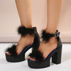 Women's Platform Block Heeled Sandals, Fashion Fluffy Feather Ankle Strap High Heels, Stylish Party & Prom Sandals