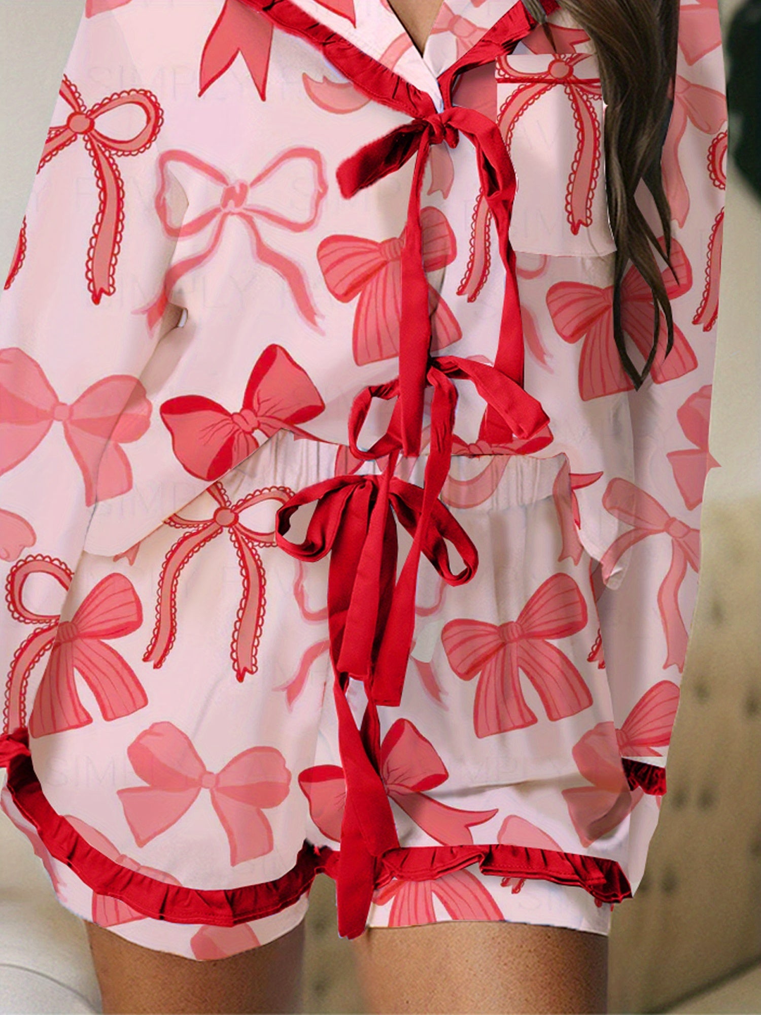 Women Aesthetic Pajamas 2pcs Long Sleeve Bow Lace Up Shirt and Shorts Spring Summer Loungewear Cute Heart Print Sleepwear