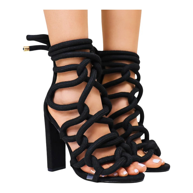 Women Chunky Heel Rope Lace Up High Heel Sandals
