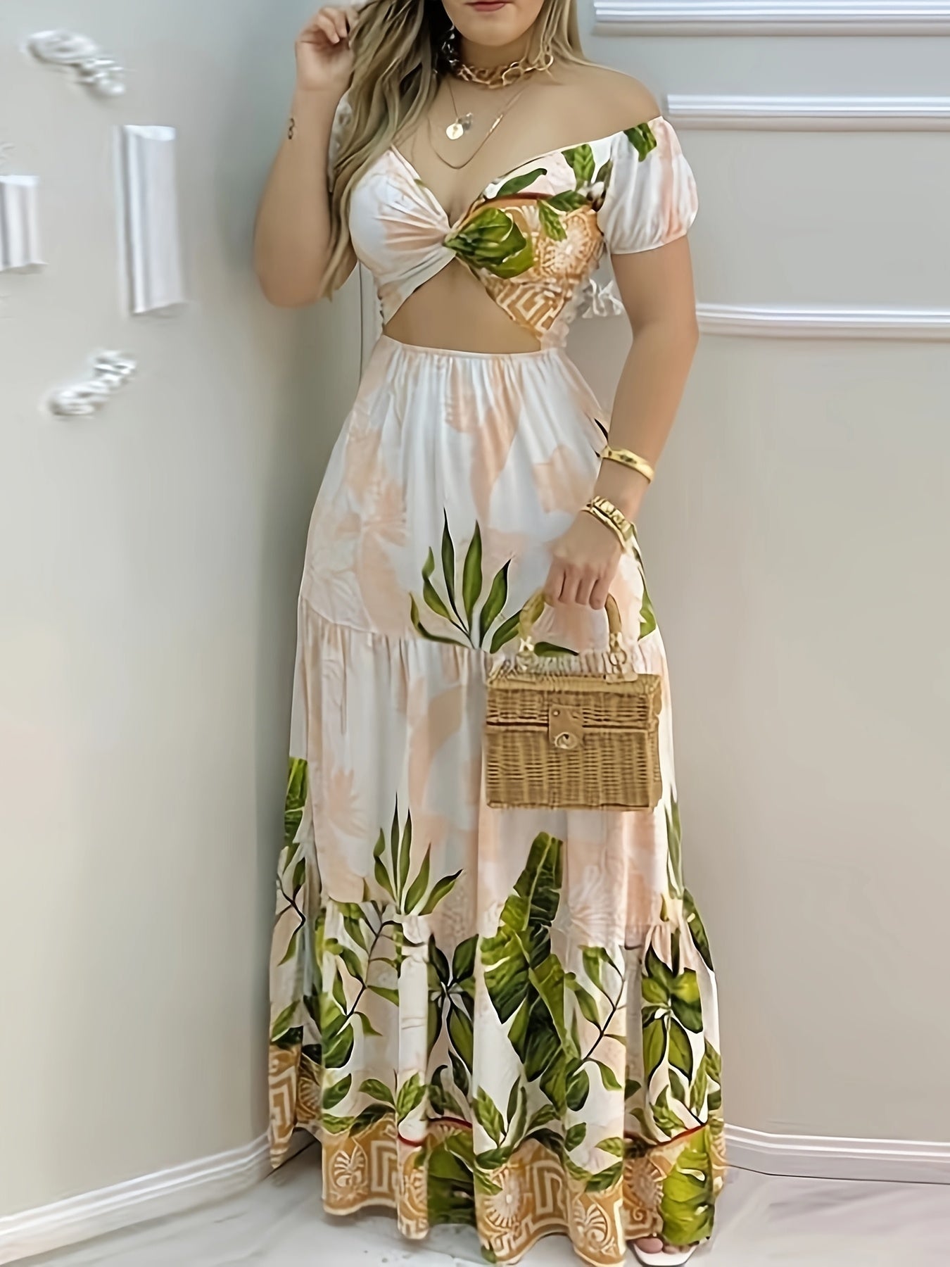 [Summer Print Dress] Summer V-Neck Print Maxi Dress for Women - Aline Silhouette, Ruffled Detail, Woven Construction, Cute Summer Dresses