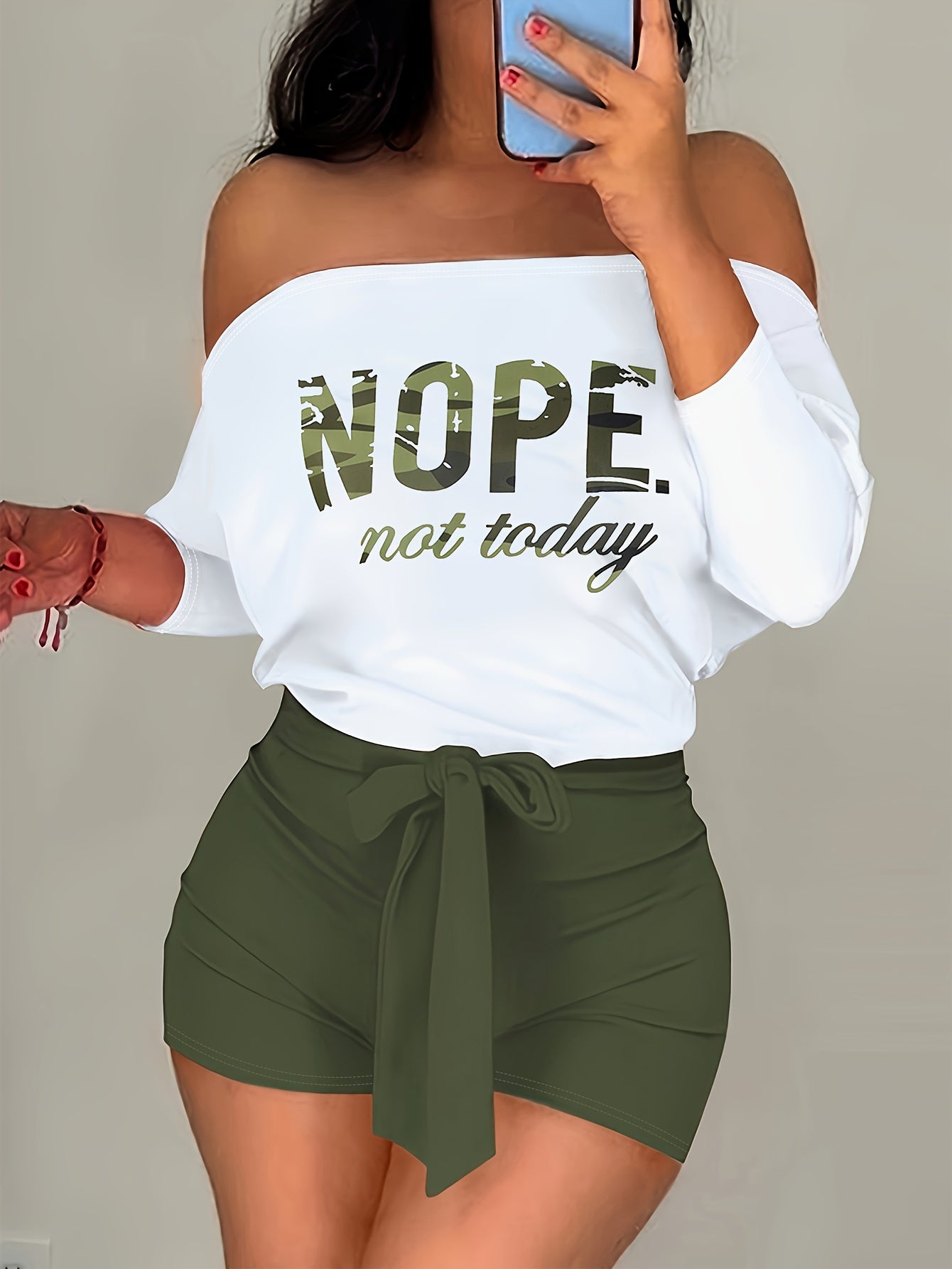 Color Block Graphic Print Romper Jumpsuit, Casual Off Shoulder Long Sleeve Tie Waist Slim Romper Jumpsuit, Women's Clothing