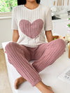 Women's Heart & Letter Print Ribbed Casual Pajama Set, Short Sleeve Round Neck Top & Joggers, Comfortable Relaxed Fit, Summer Nightwear