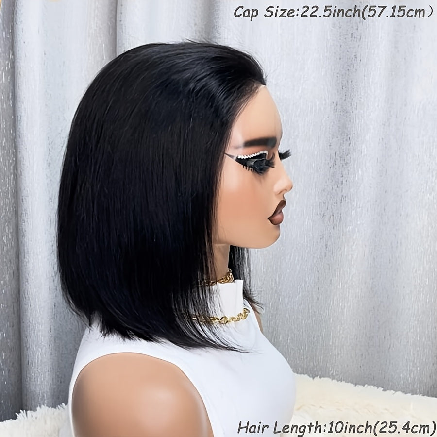 Glueless 13x4 Lace Frontal Wig Brazilian Human Hair Straight Bob Cut 150% Density Preplucked Natural Hairline & Bangs No Maintenance Elegant Wigs for Women All Ethnicities Every Occasion, Hair Wig, Versatile Hairpiece, Sleek