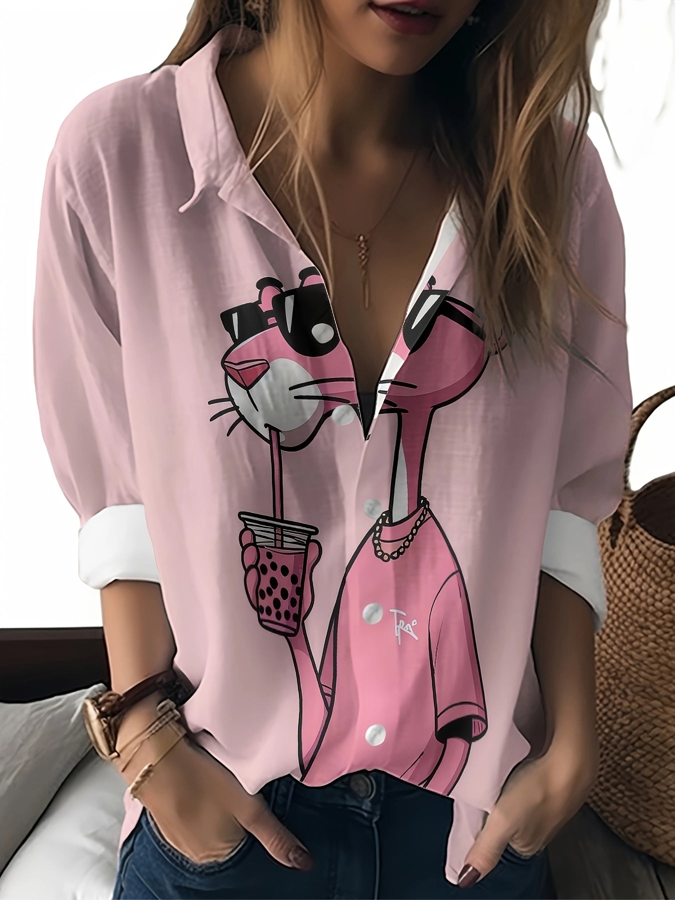 Women'S Long Sleeve Button-Up Shirt with Stylish Cartoon Cat Design - Casual Lapel Collar, Pink Shirt for Spring/Fall, Cute Long Sleeve Shirt