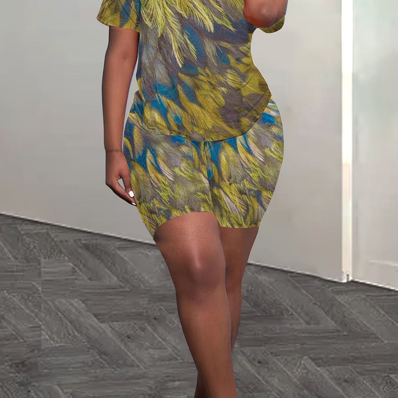Women's Tie-dye Print Casual Top T-shirt and Tight Shorts Set Two-piece