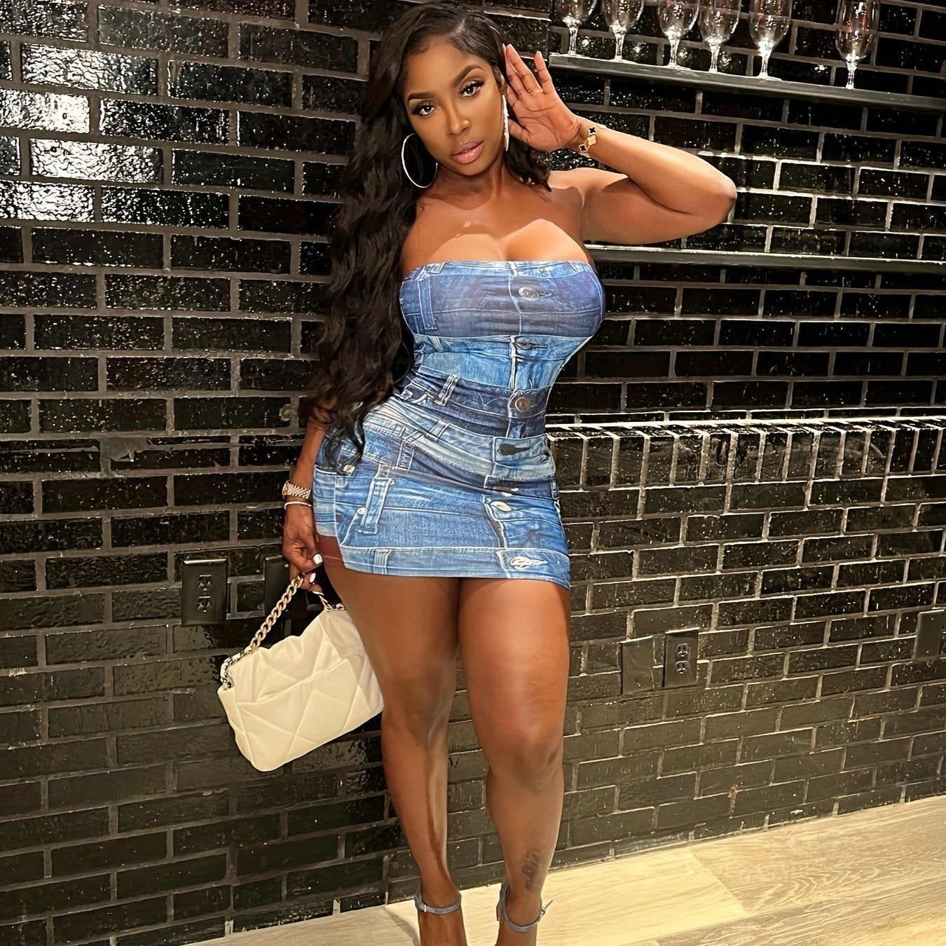 Sleeveless Denim Print Bodycon Mini Dress - Sexy Off-Shoulder Design, Stretchy Polyester Blend, Summer Casual Wear for Women, Light Blue Denim-Like Fabric, Perfect for Urban Fashion, Denim Dress