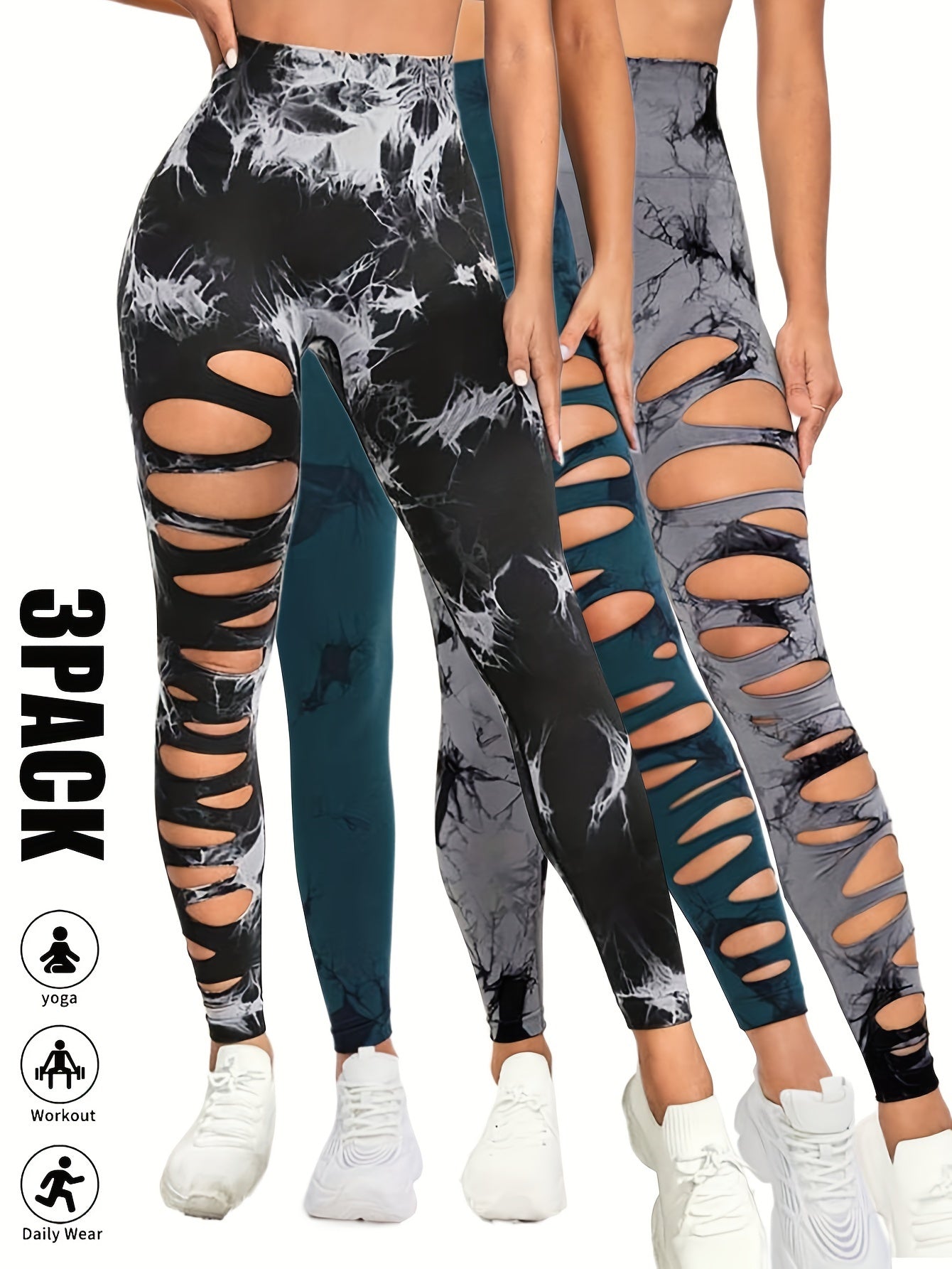 [3 Pack High Waist Yoga Leggings] 3 Pack Women's Tie Dye Cutout Tights High Waist Workout Yoga Leggings, Scrunch Butt Lifting Elastic Pants, Womens High Waist Yoga Pants Cutout Ripped Tummy Control Workout Running Yoga Skinny