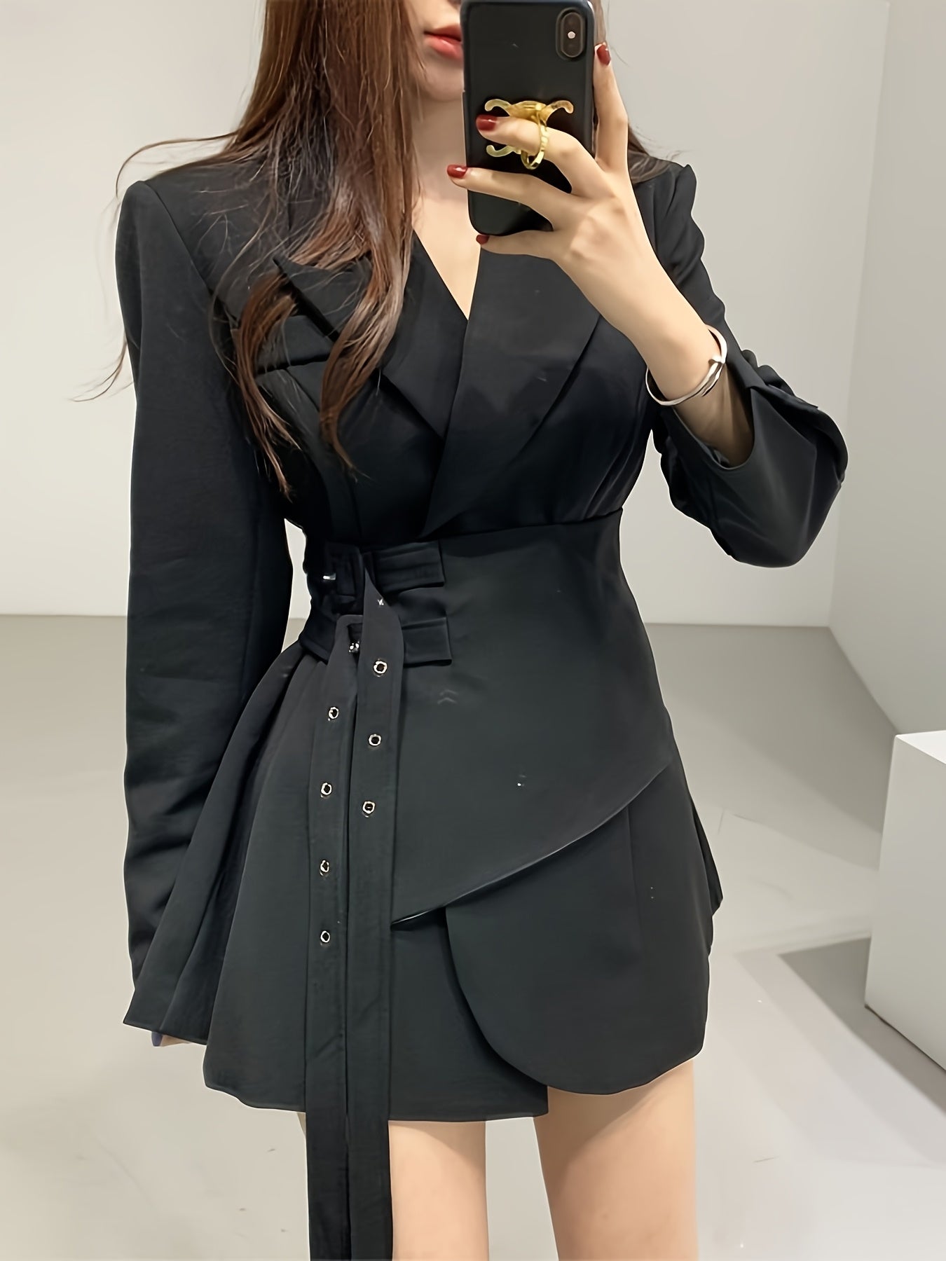 Women'S Elegant Double-Breasted Blazer with Adjustable Double Belt - Chic Notched Lapel, Long Sleeve, Polyester, Perfect for Spring & Fall, Casual Attire|Chic Notched Collar|Polyester Blaze