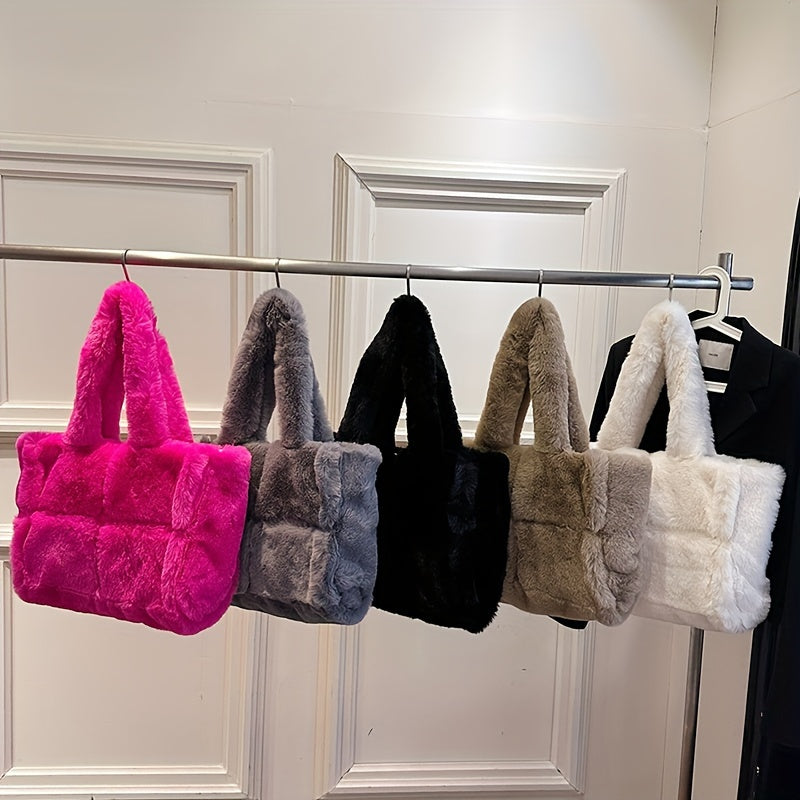 Chic Faux Fur Shoulder Bag for Women - Spacious & Versatile, Magnetic Closure, Faux Leather Lined - Available in Pink, Deep Brown, White, Black