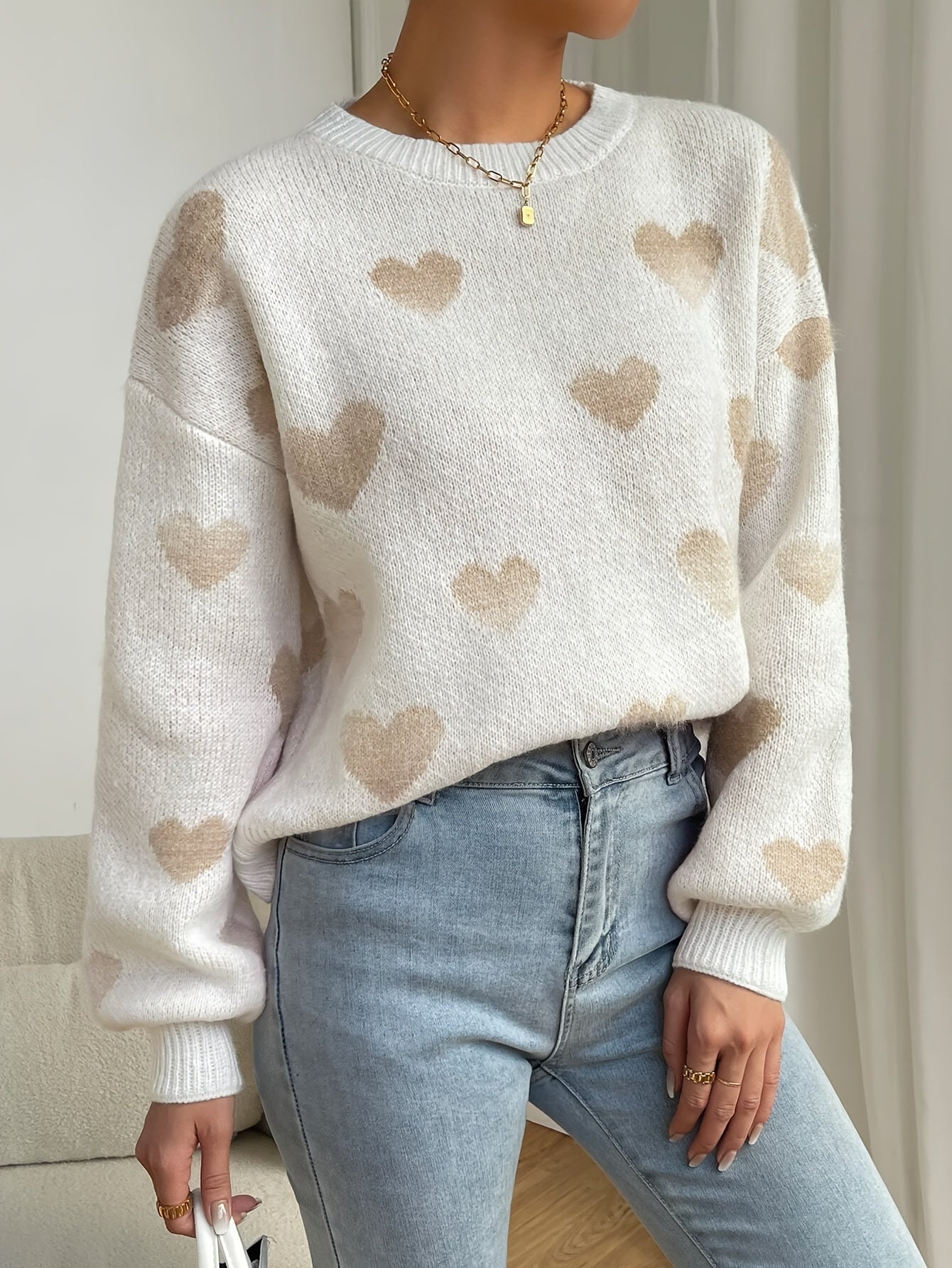 Heart Pattern Drop Shoulder Knitted Sweater, Casual Crew Neck Long Sleeve Pullover Sweater, Women's Clothing