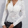 Women's Chic V-Neck T-Shirt with Elegant Lace Detailing, Heart Button Accents - Long Sleeve, Perfect for Spring & Fall Fashion