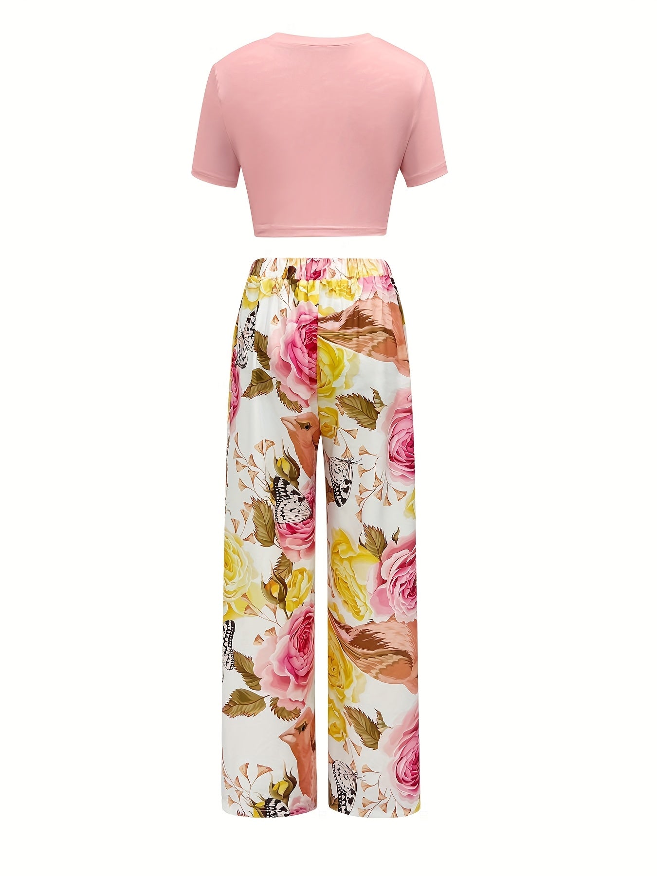Women's Chic Casual Two-Piece Set: Short Sleeve Crop Top in Vibrant Pink & Floral High-Waist Pants - Durable Polyester, Machine Washable, Perfect for Spring/Summer, Spring Summer Outfit|Vibrant Crop Top|Comfortable Knit
